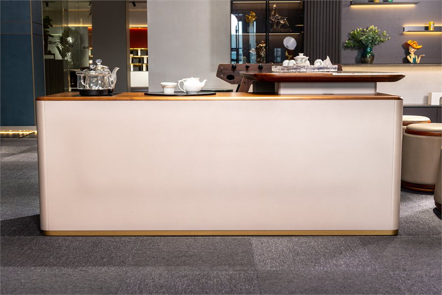 cream reception counter with wood top