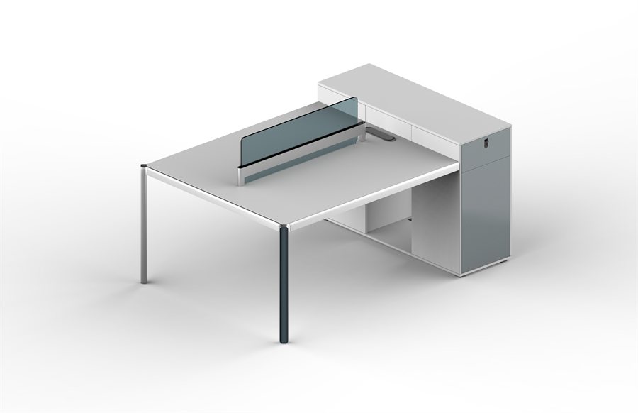 two-person white workstation with screens